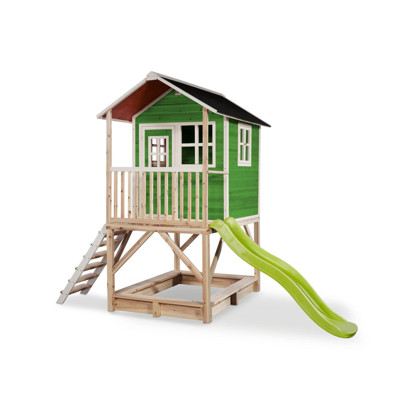 Maisonnette En Bois Sur Pilotis Avec Bac À Sable Et Toboggan Vert