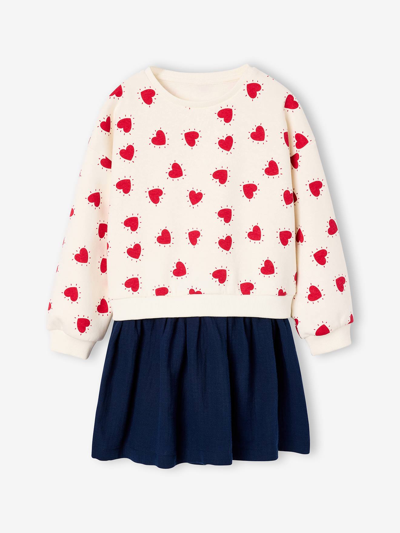 Robe fille 2 en 1 molleton et gaze de coton rouge