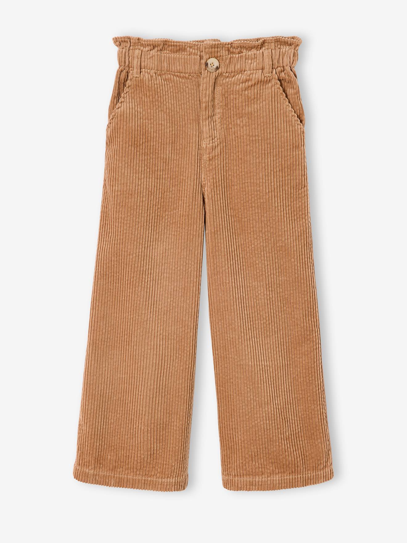 Pantalon fille large velours côtelé style paperbag camel