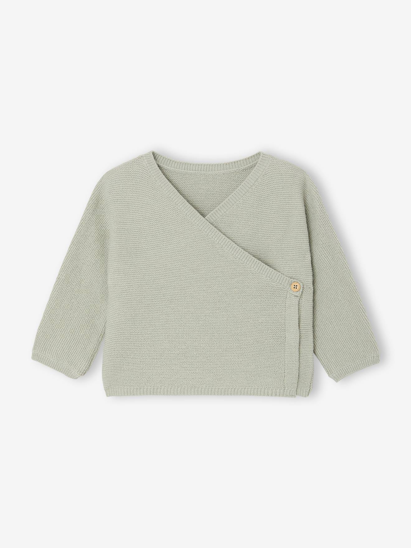 Brassière bébé naissance tricot point mousse coton et laine vert sauge