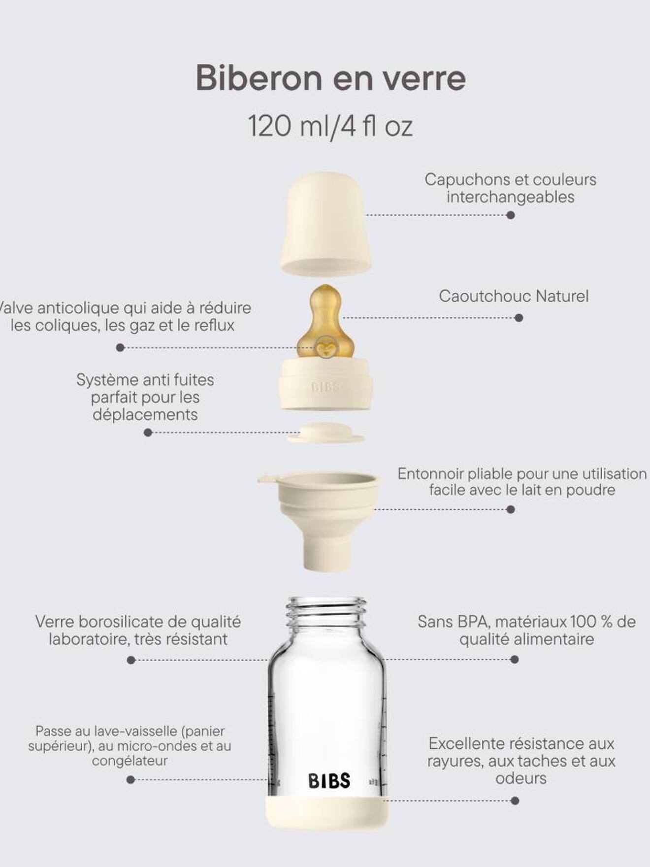Biberon débit lent 120 ml ivoire