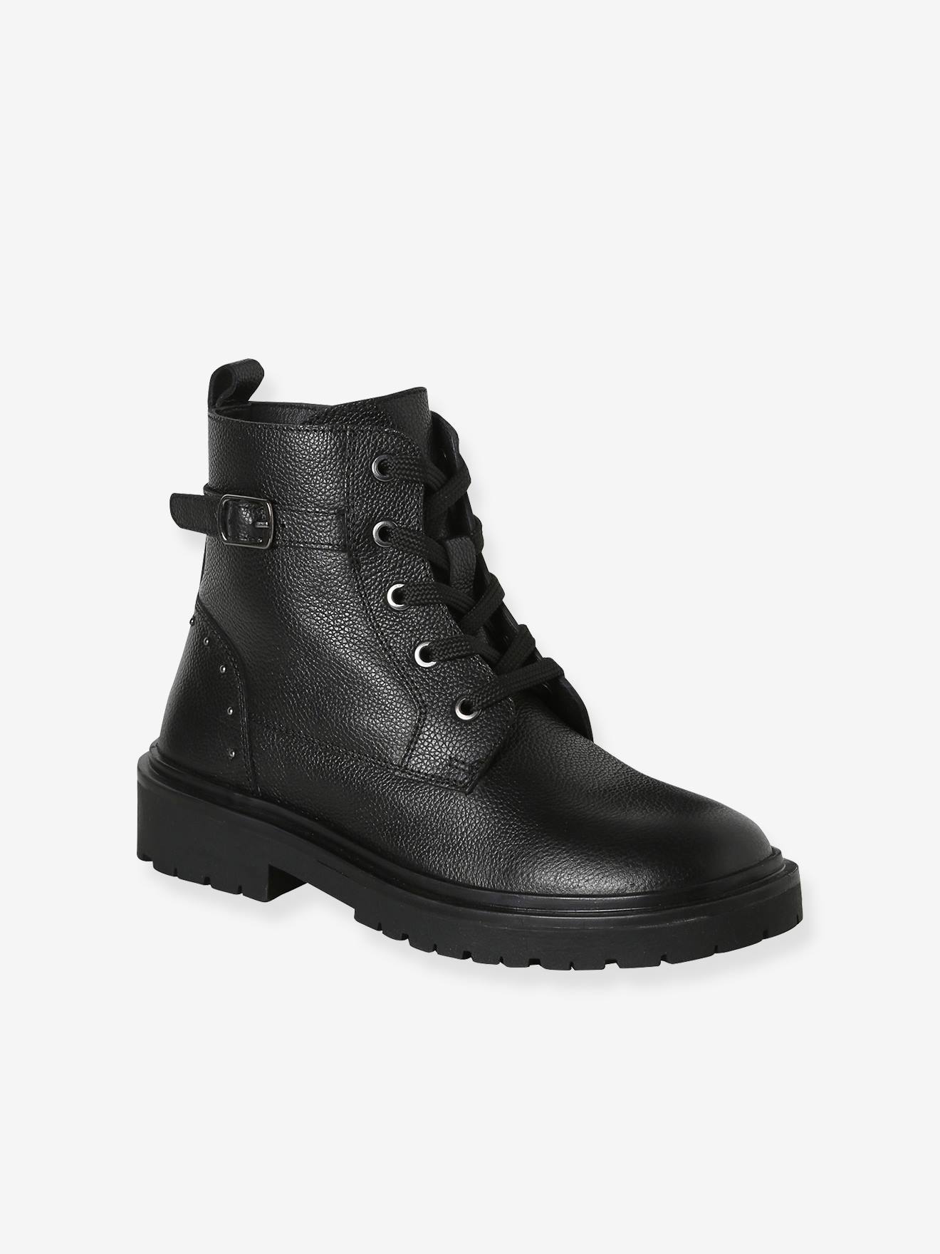 Boots fille cuir à lacets et zip noir