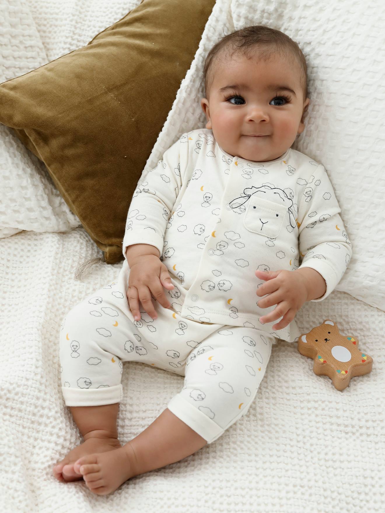 Ensemble Gilet Et Pantalon Bebe Naissance Oeko Tex Ecru Imprime Vertbaudet