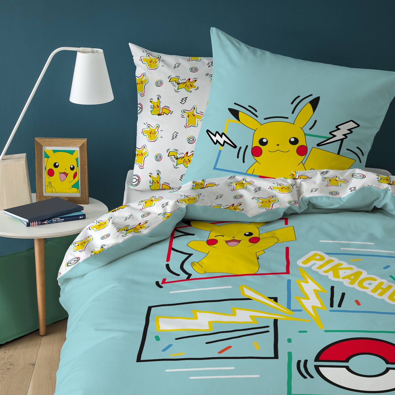 Parure De Lit Imprimée 100% Coton, Pokemon Animation Bleu Ciel