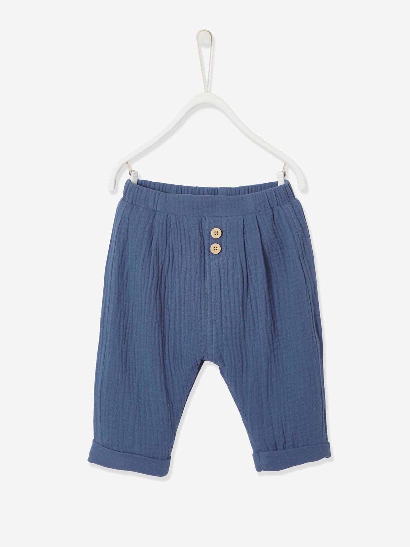 Pantalon coupe sarouel en gaze de coton bébé garçon bleu gris