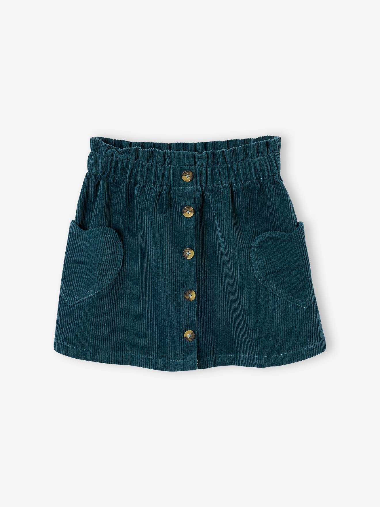 Jupe en velours poches coeur fille bleu canard 18$
