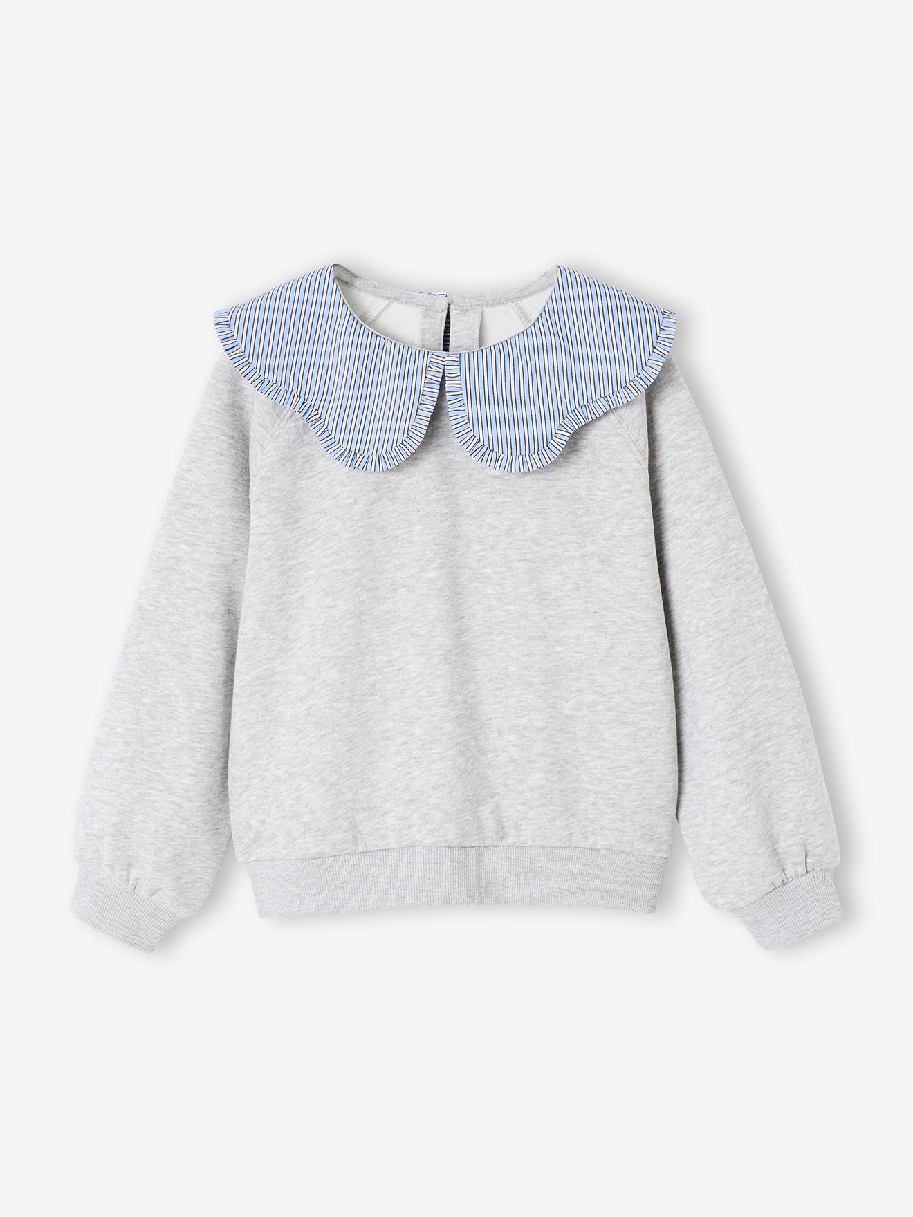 Sweat fille col claudine broderie anglaise gris chiné