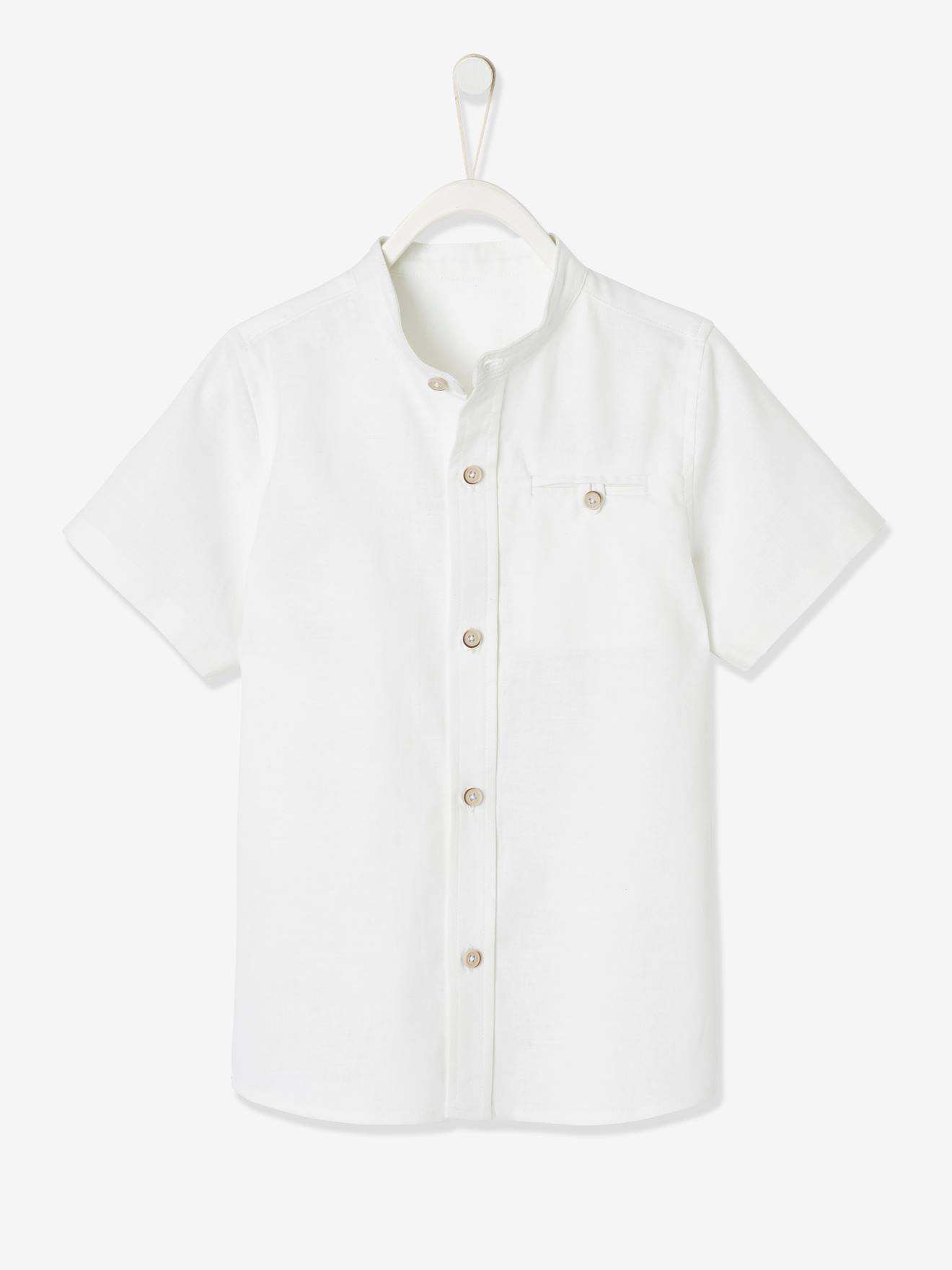 Chemise col Mao garçon en coton/ lin manches courtes blanc