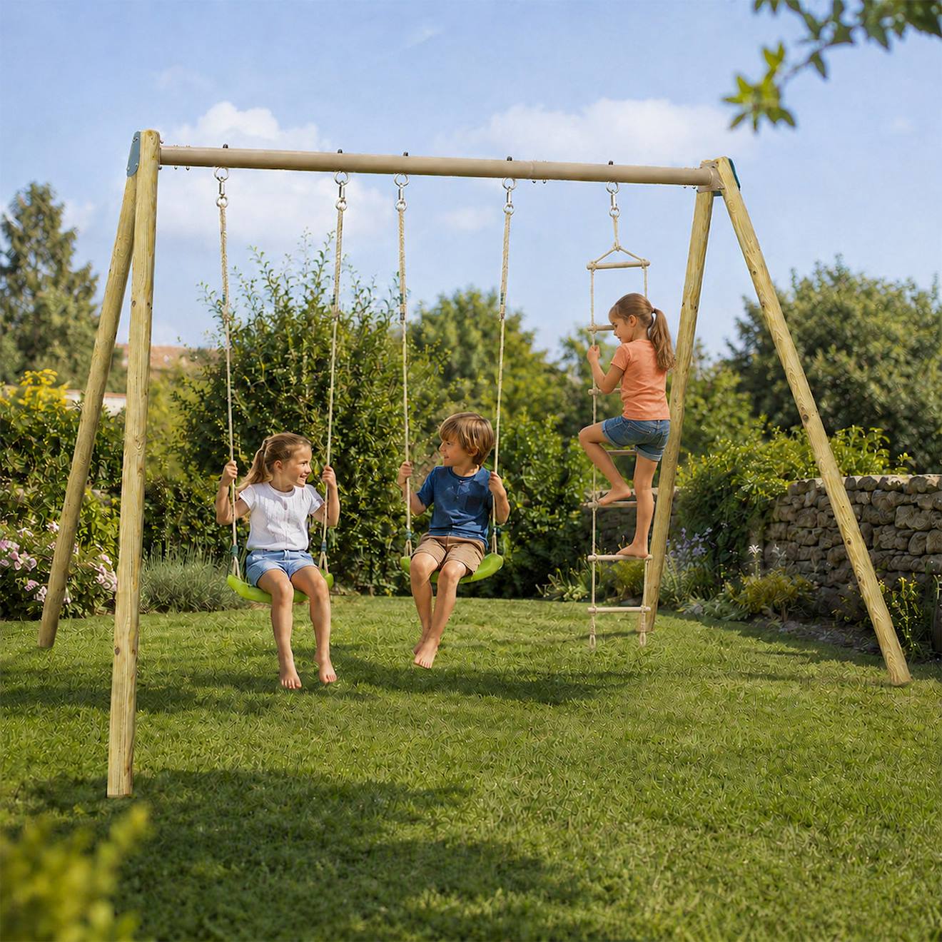 Portique Balançoire Double Pour Enfants Avec Echelle De Corde - Jardin Extérieur Bois