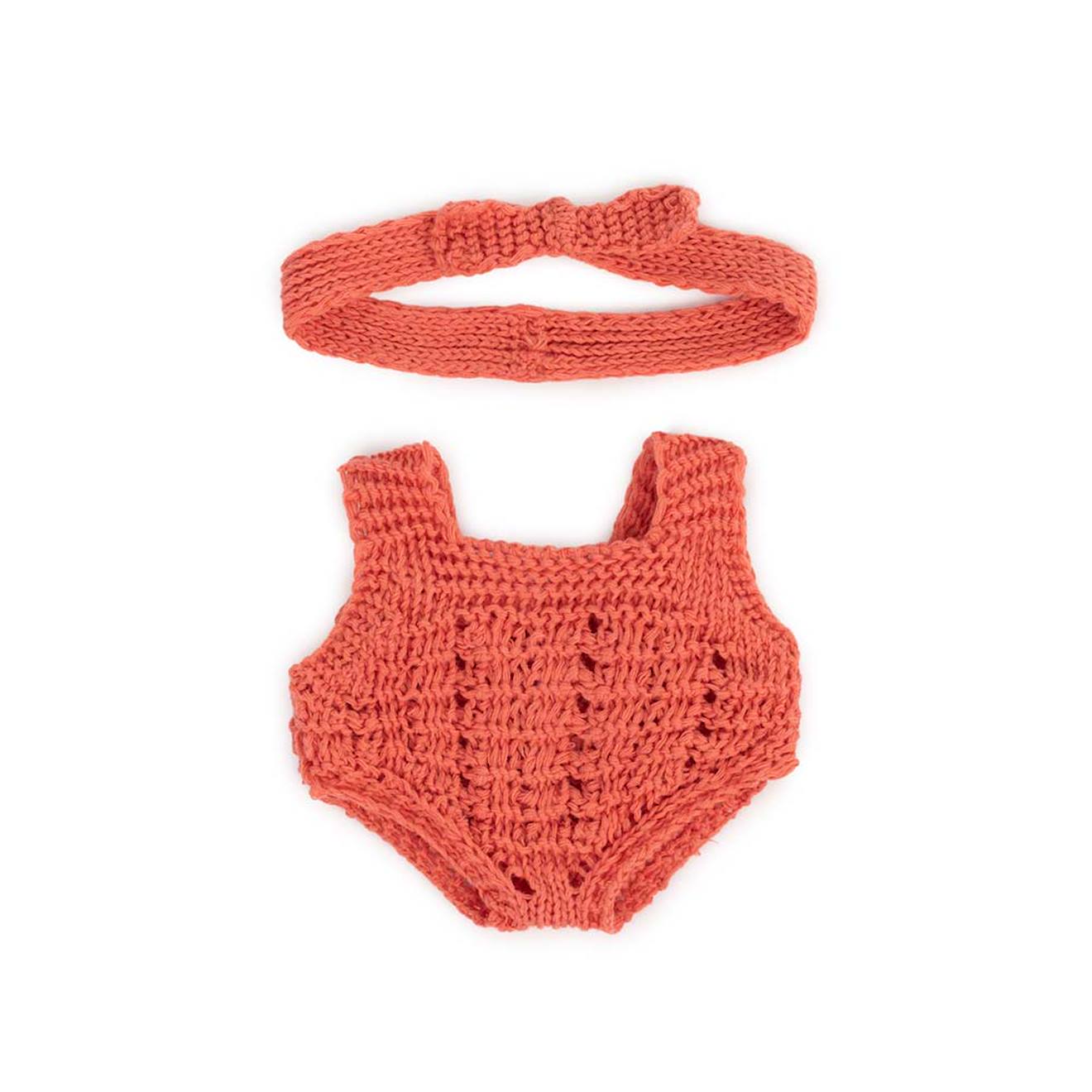 Ensemble Tricoté 21cm - Grenouillère Et Bandeau Rouge