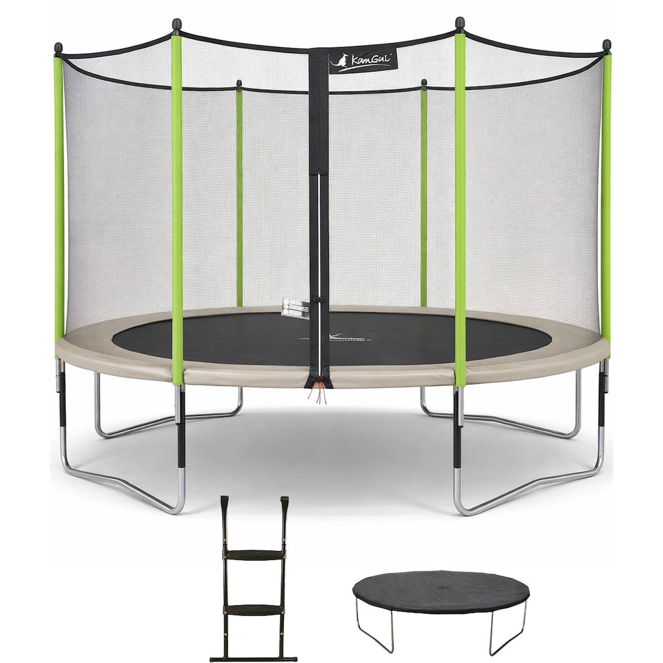 Trampoline Jardin Ø 430?cm + Filet + Échelle + Bâche - Jumpi 430 - Taupe/vert Taupe