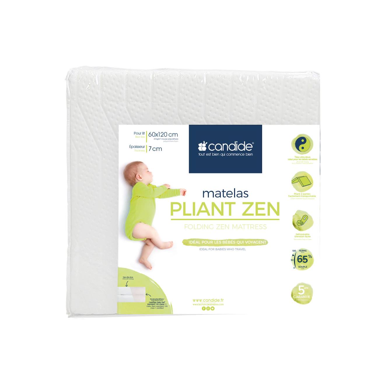 Matelas Bébé Pliant 2 Parties Zen Déhoussable Blanc