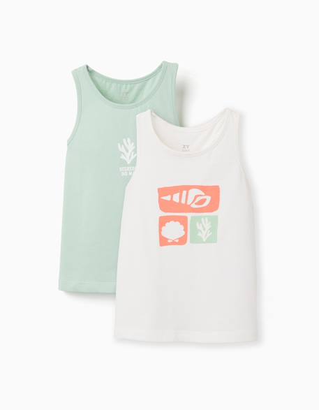 Fille-T-shirt, sous-pull-T-shirt-Lot de 2 débardeurs en coton avec imprimés plage