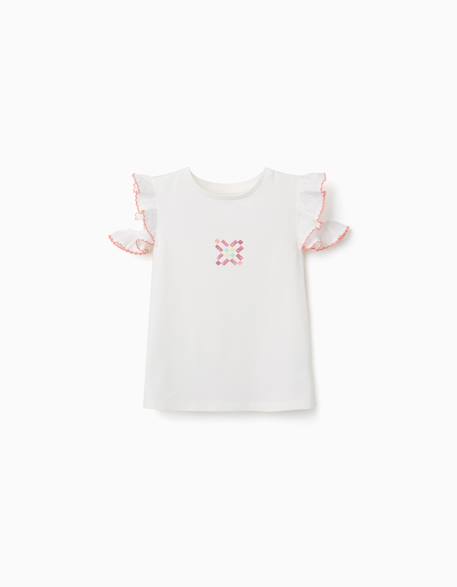 Fille-T-shirt, sous-pull-T-shirt-T-shirt en coton avec imprimé mosaïque et manches à volants