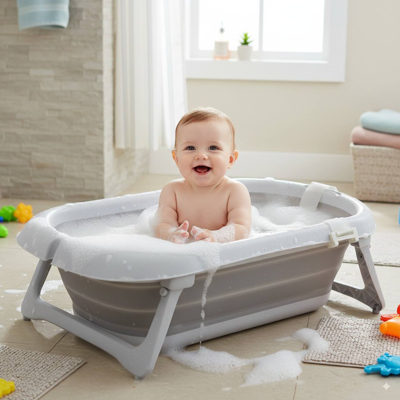 Baignoire Bébé Pliable Et Légère Lucca Blanc Et Gris (Asalvo) - Image 1
