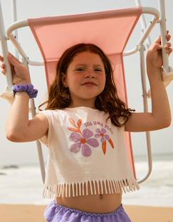 -T-shirt en coton avec imprimé fleurs et franges