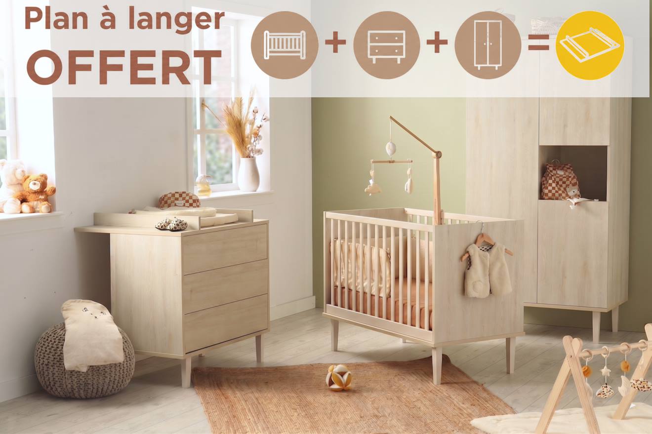 Chambre Bébé 3 Pièces , Lit 120x60, Commode À Langer 3 Tiroirs , Armoire 3 Portes Et 1 Niche - Décor Bois Hêtre Cendré - Opaline Beige