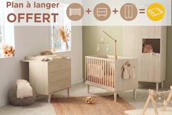 Chambre bébé 3 pièces , lit bébé 120x60, commode à langer 3 tiroirs , armoire 3 portes et 1 niche - décor bois hêtre cendré - opaline  - vertbaudet enfant