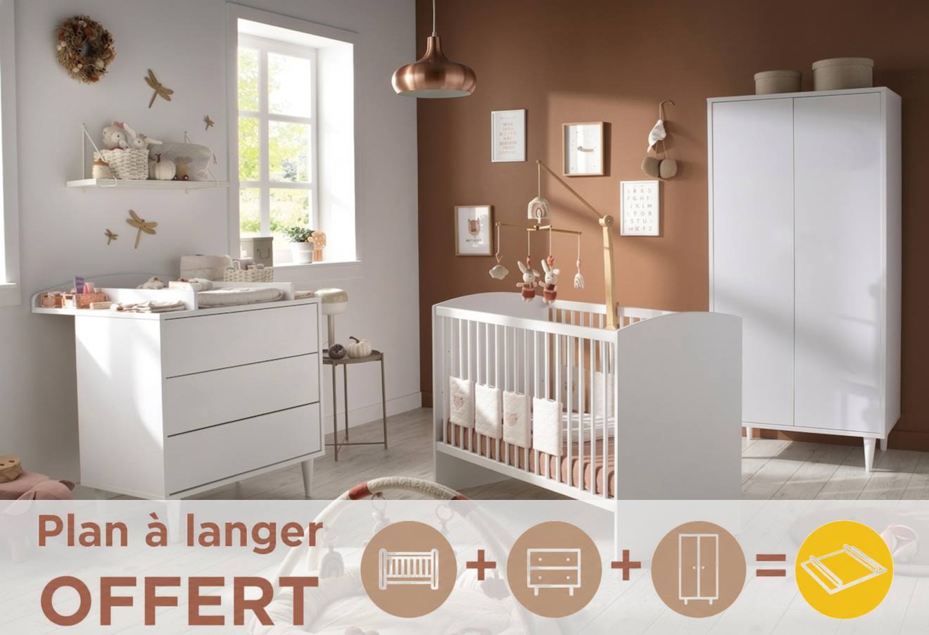 Chambre Bébé 3 Pièces, Lit 120x60, Commode À Langer Et Armoire 2 Portes - Milann Blanc