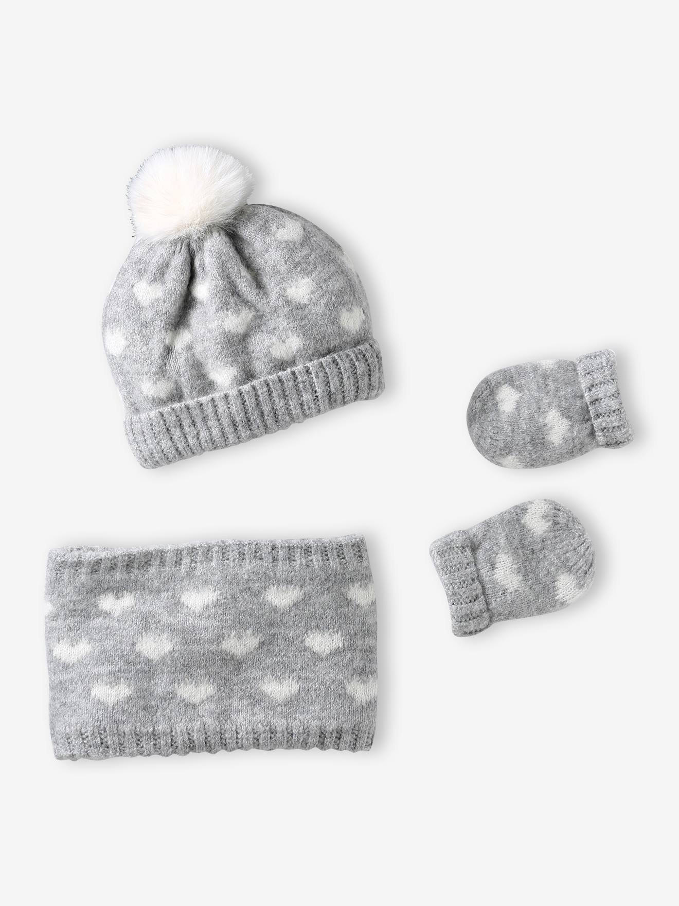 Ensemble bébé fille tricot bonnet, snood et moufles gris chiné