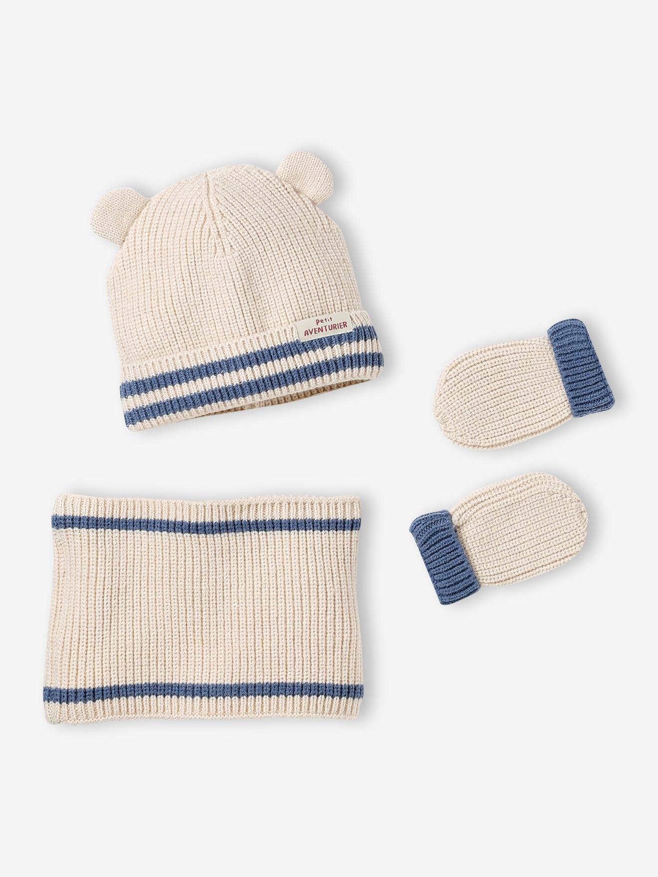 Ensemble bébé tricot bonnet, snood et moufles écru