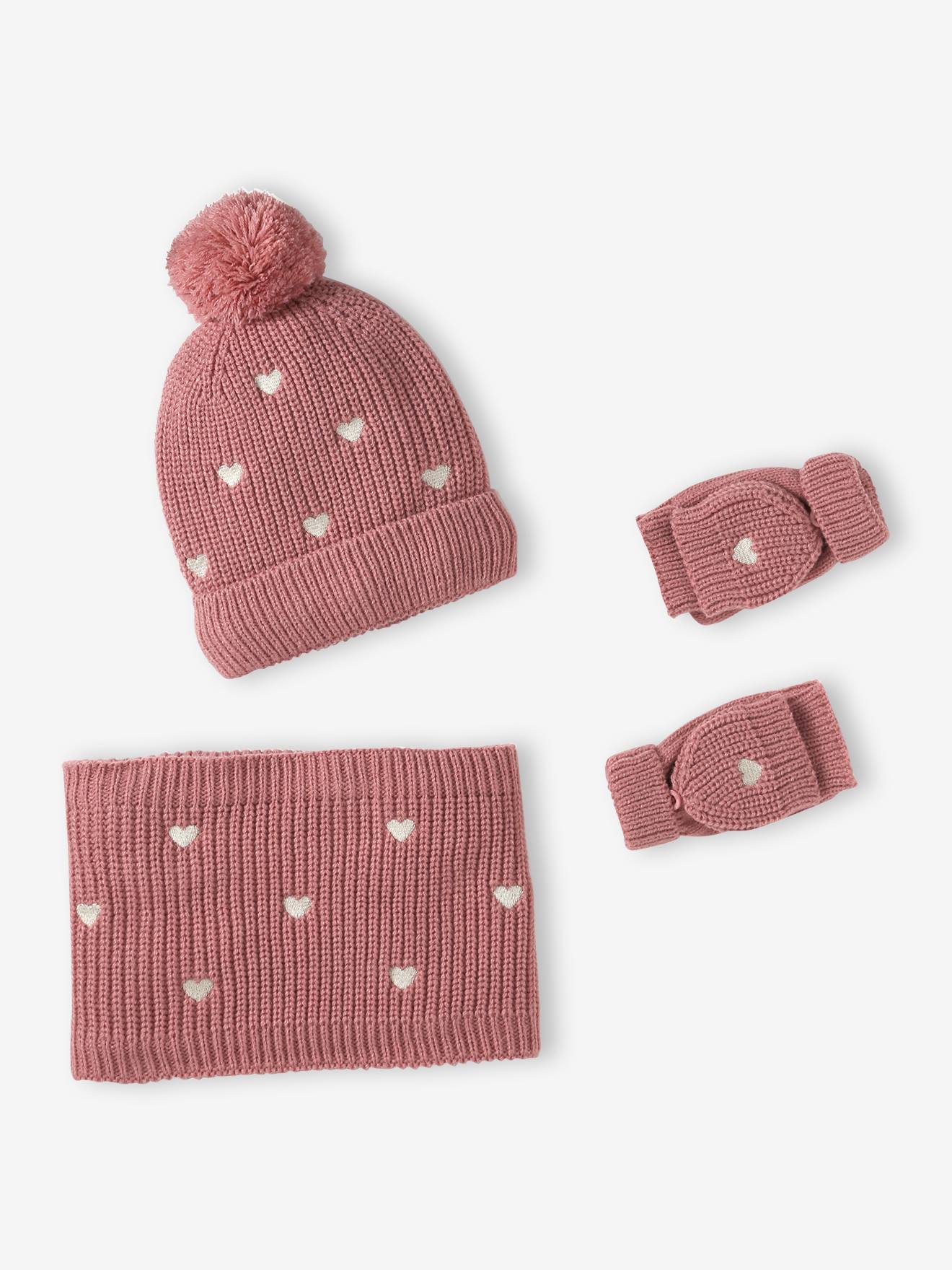 Ensemble fille tricot bonnet snood et mitaines rose 26$