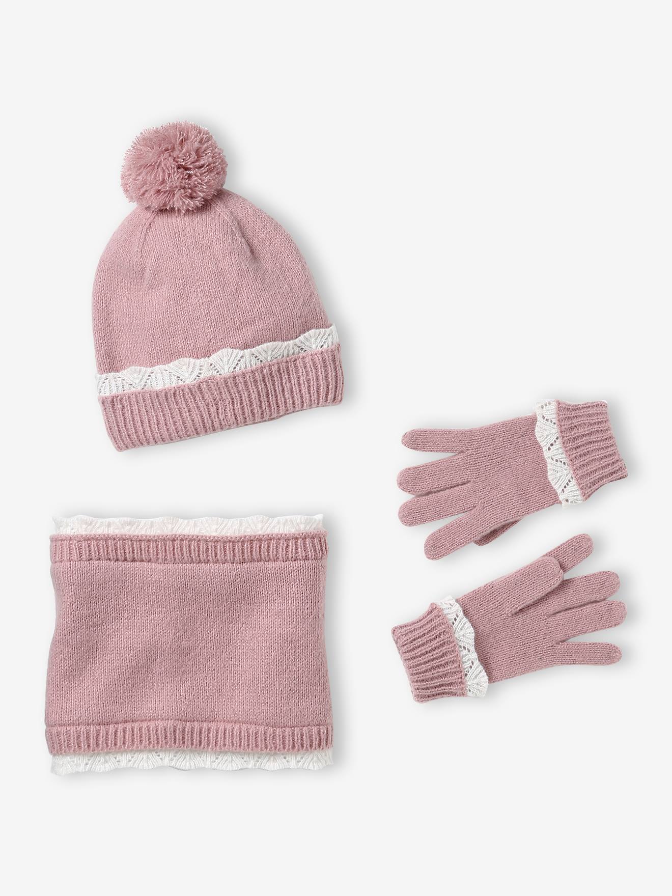 Ensemble fille bonnet, snood et gants en tricot rose pâle
