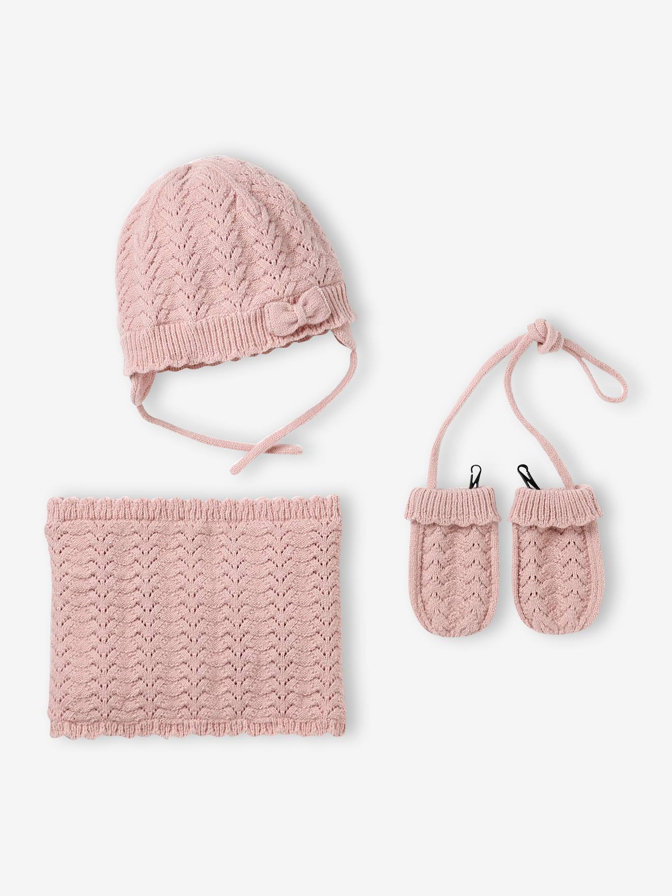 Ensemble bébé fille tricot bonnet snood moufles rose poudré