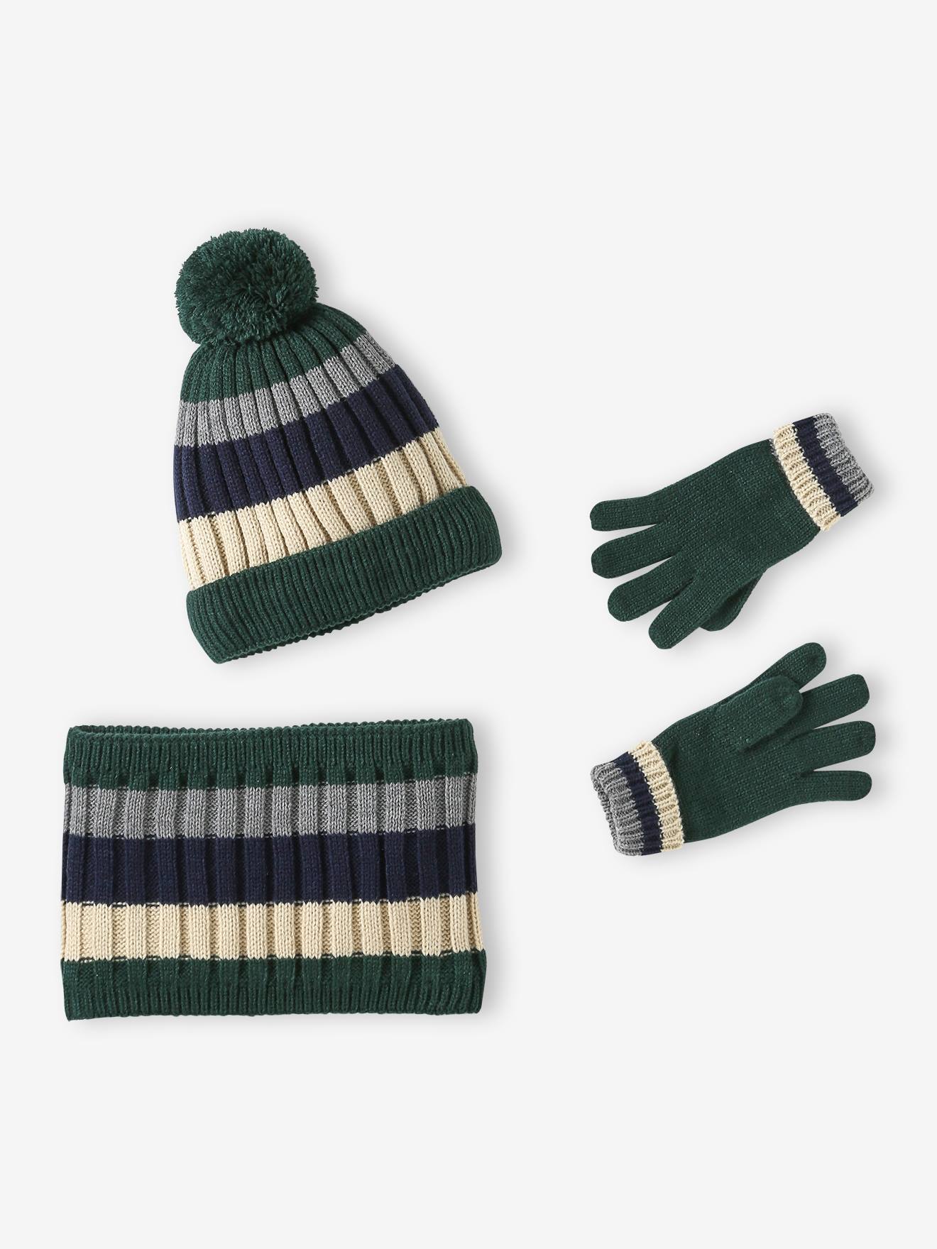 Ensemble tricolore garçon bonnet + snood + moufles/gants vert