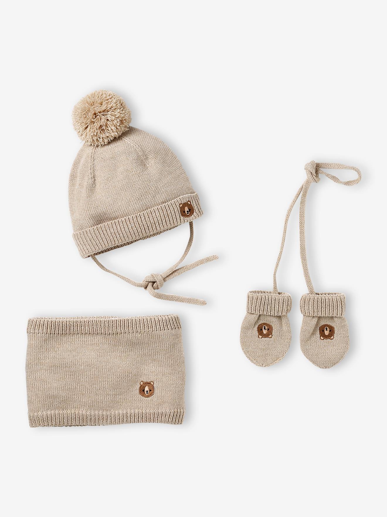 Ensemble bébé bonnet, snood et moufles beige