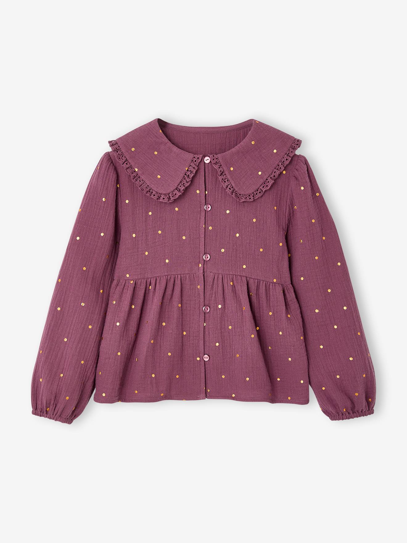 Chemise fille gaze de coton col brodé prune