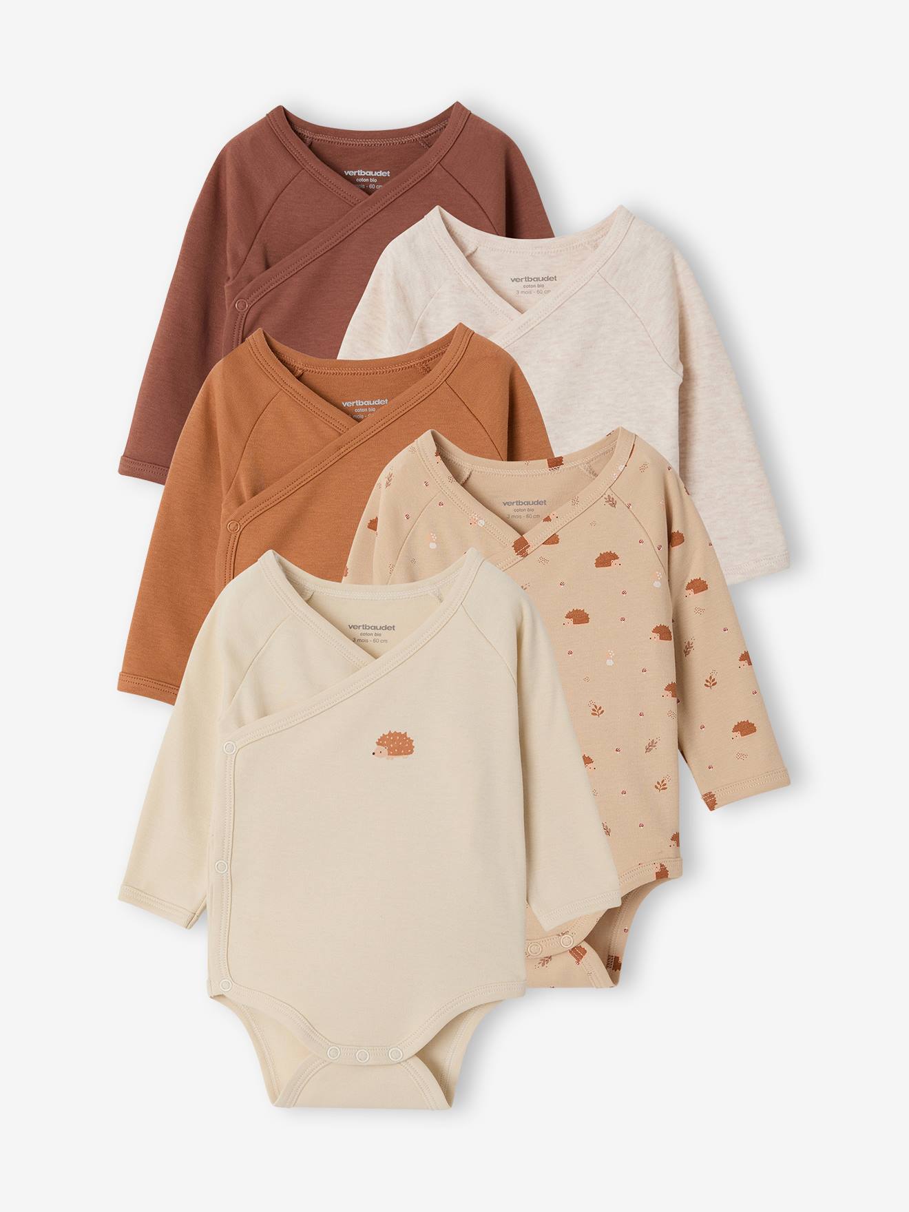 Lot de 5 bodies naissance manches longues beige chiné