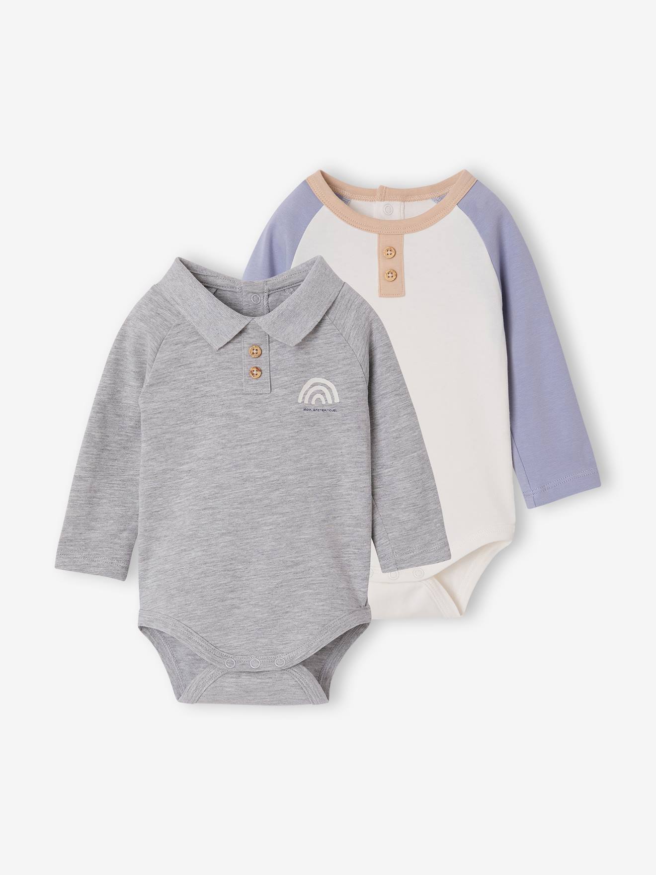 Lot de 2 bodies naissance manches longues col polo gris chiné
