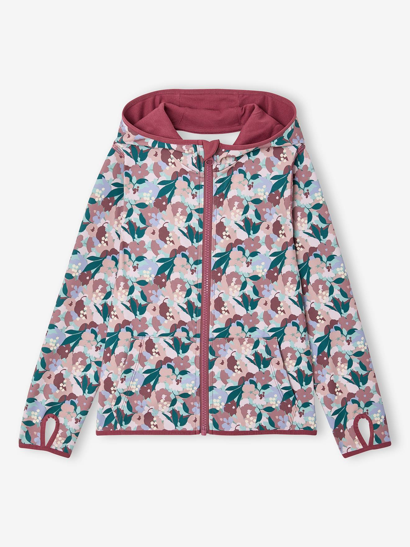 Sweat sport zippé matière technique fille motifs fleurs vieux rose