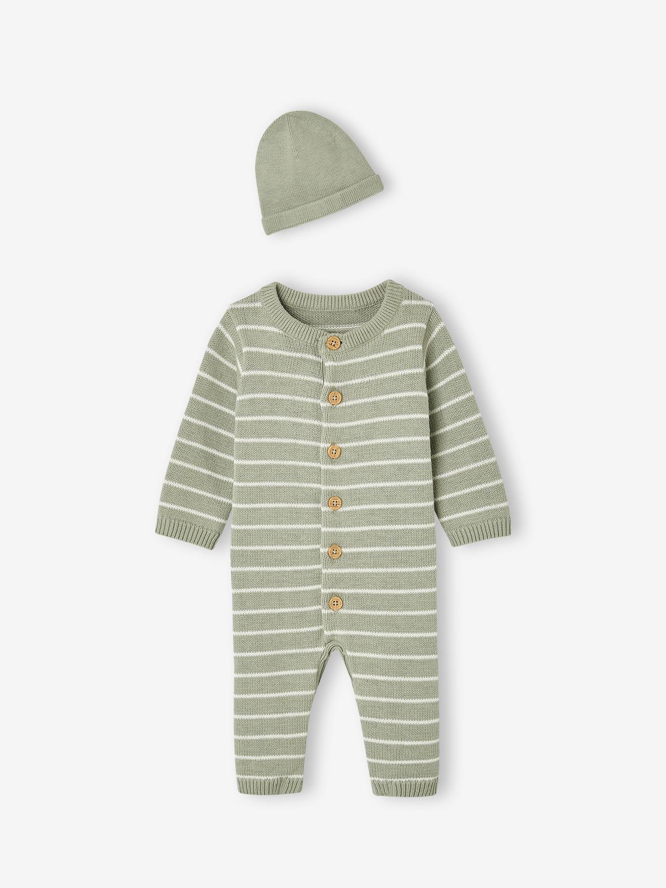 Ensemble combinaison et bonnet bébé vert sauge