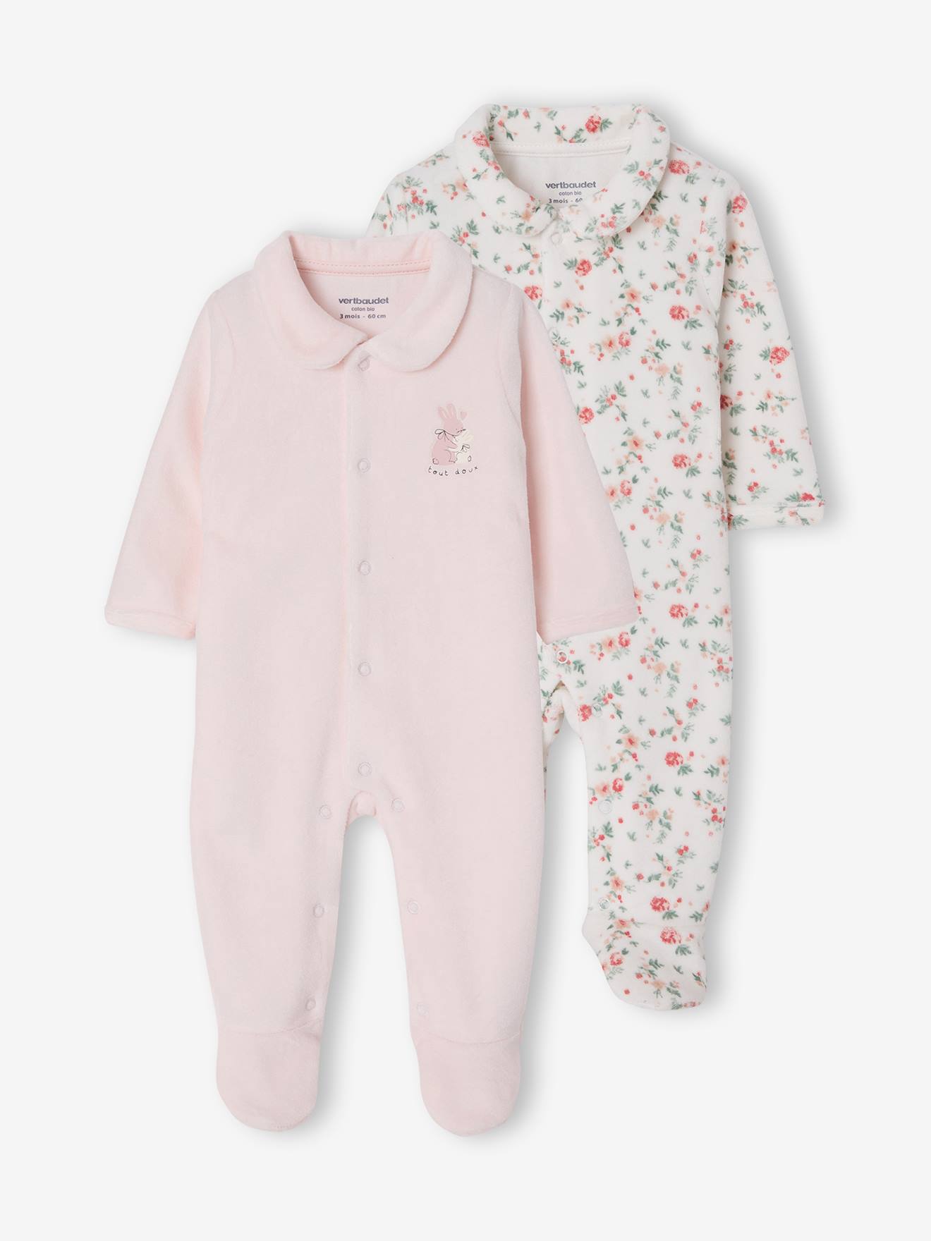 Lot de 2 dors-bien bébé ouverture devant rose pâle