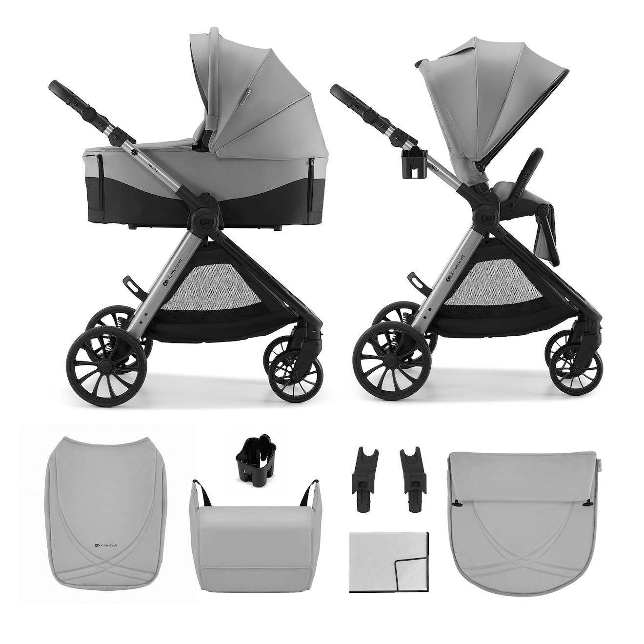 Poussette 2 En 1 Kinderkraft Vesto 2 Memory Buttons, Nacelle Ventilée 3 Zones, Pliage Avec Siège, Éco?cuir, Accessoires Inclus Gris