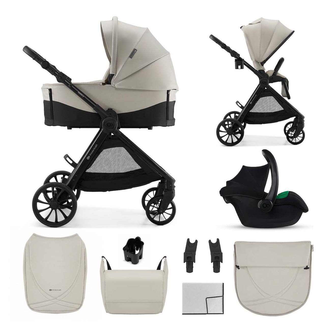 Poussette 3 En 1 Kinderkraft Vesto 2 Système De Voyage, Siège Auto Mink Pro 2, Assise Réversible, Suspension 4 Roues Beige