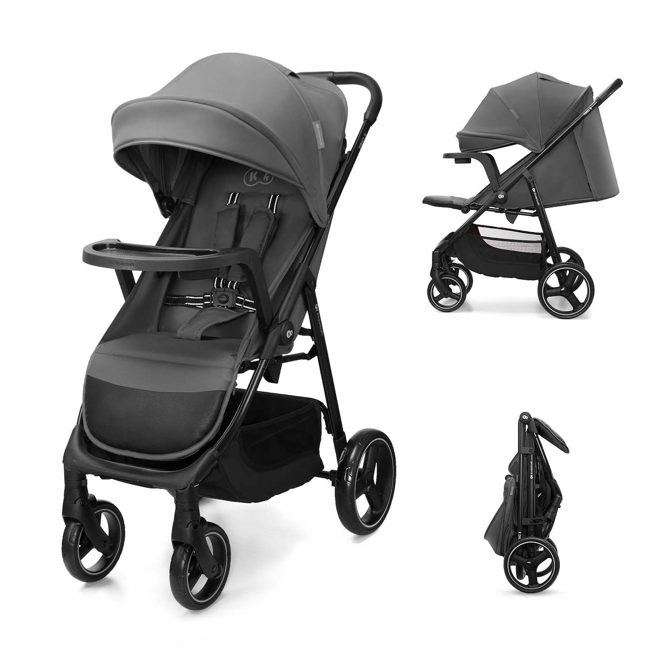 Poussette Kinderkraft Trig 3 Tr Avec Plateau Click & Fold, Assise Allongée 91,5 Cm, Roues Pivotantes 360°, Capote Déperlante Gris
