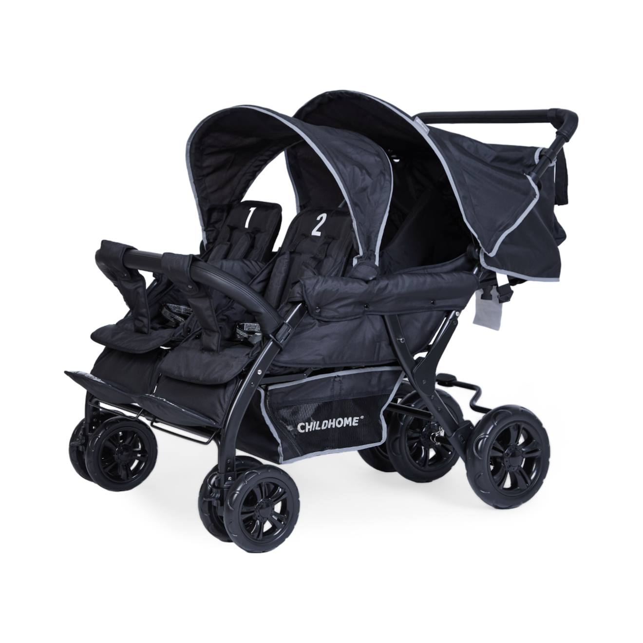 Quadruple Poussette Capacité 4 Enfants + Housse De Pluie + Pare-soleil Noir