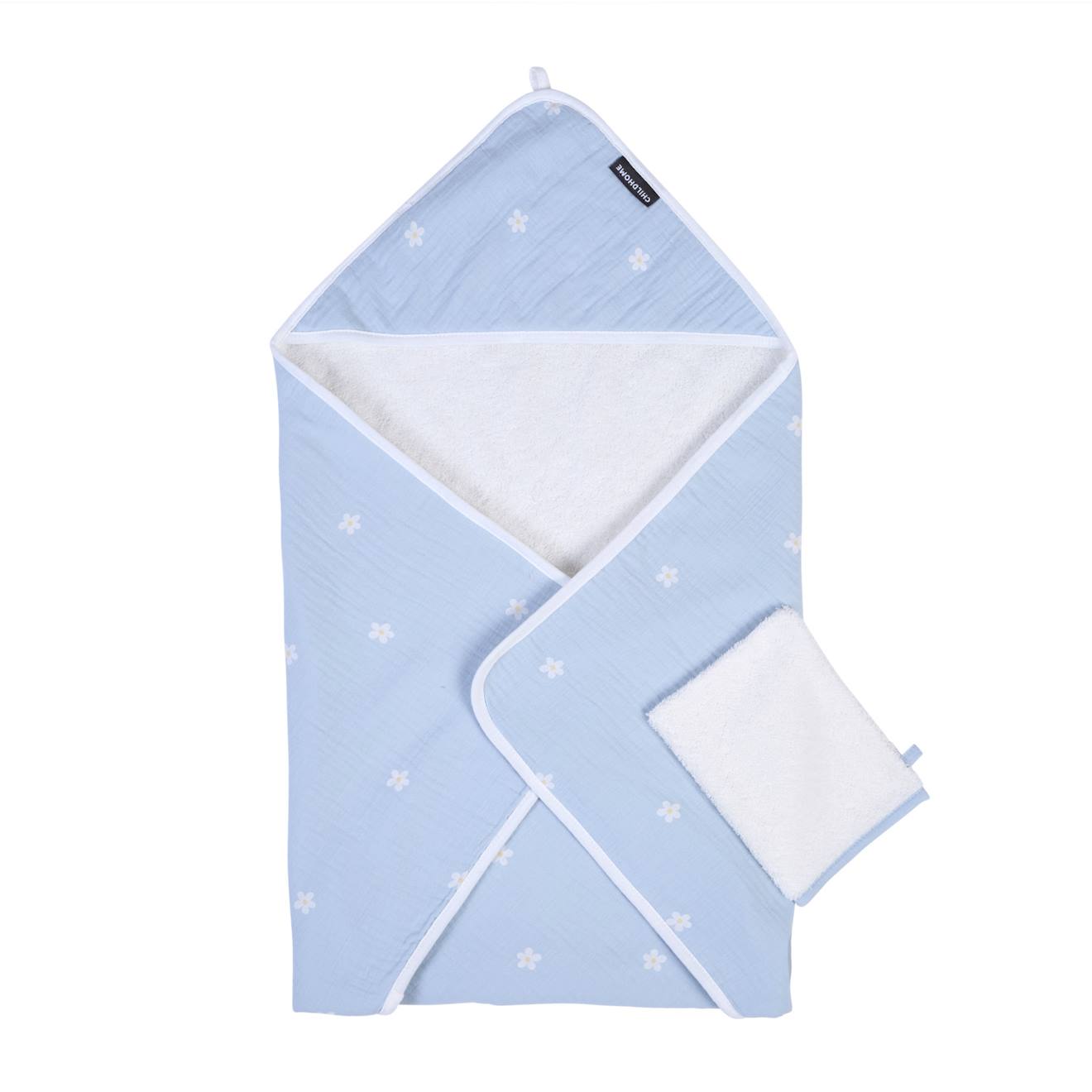 Cape De Bain + Gant 80 X 80 Cm Fleur Bleu