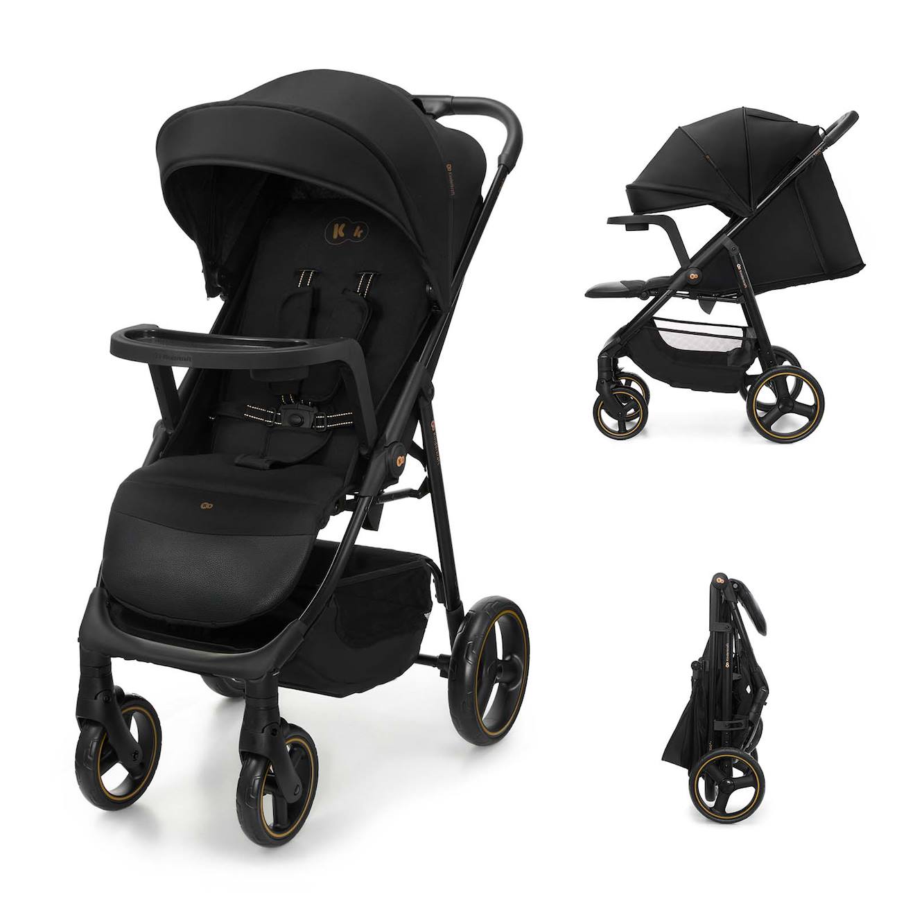 Poussette Trig 3 Tr Avec Plateau Click & Fold, Assise Allongée 91,5 Cm, Roues Pivotantes 360°, Capote Déperlante Noir