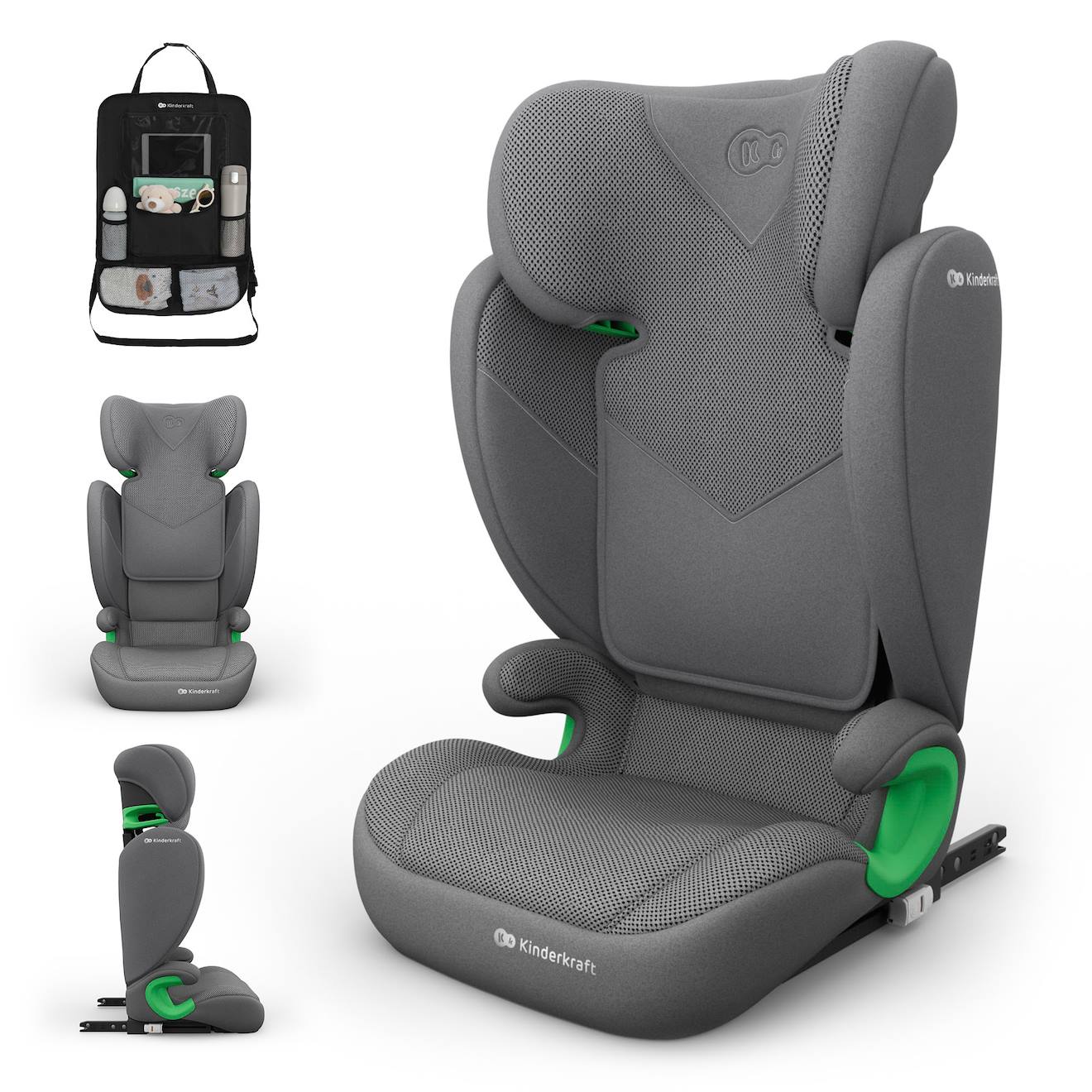 Siège Auto Kinderkraft Junior Fix 2 Plus + Organisateur Voiture 100-150 Cm Avec Isofix, H-guard, Sps, Air Flow Et Appuie-tête Réglable Gris