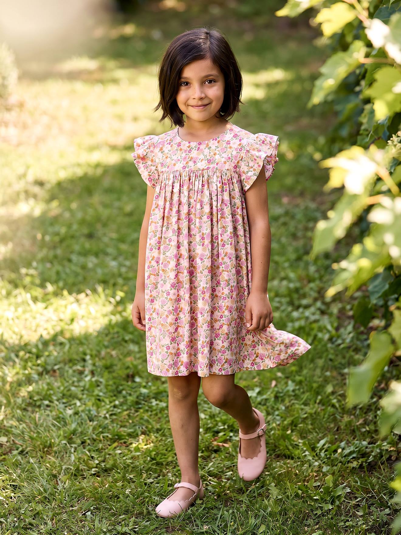 Robe fille imprimée fille manches à volants rose pâle