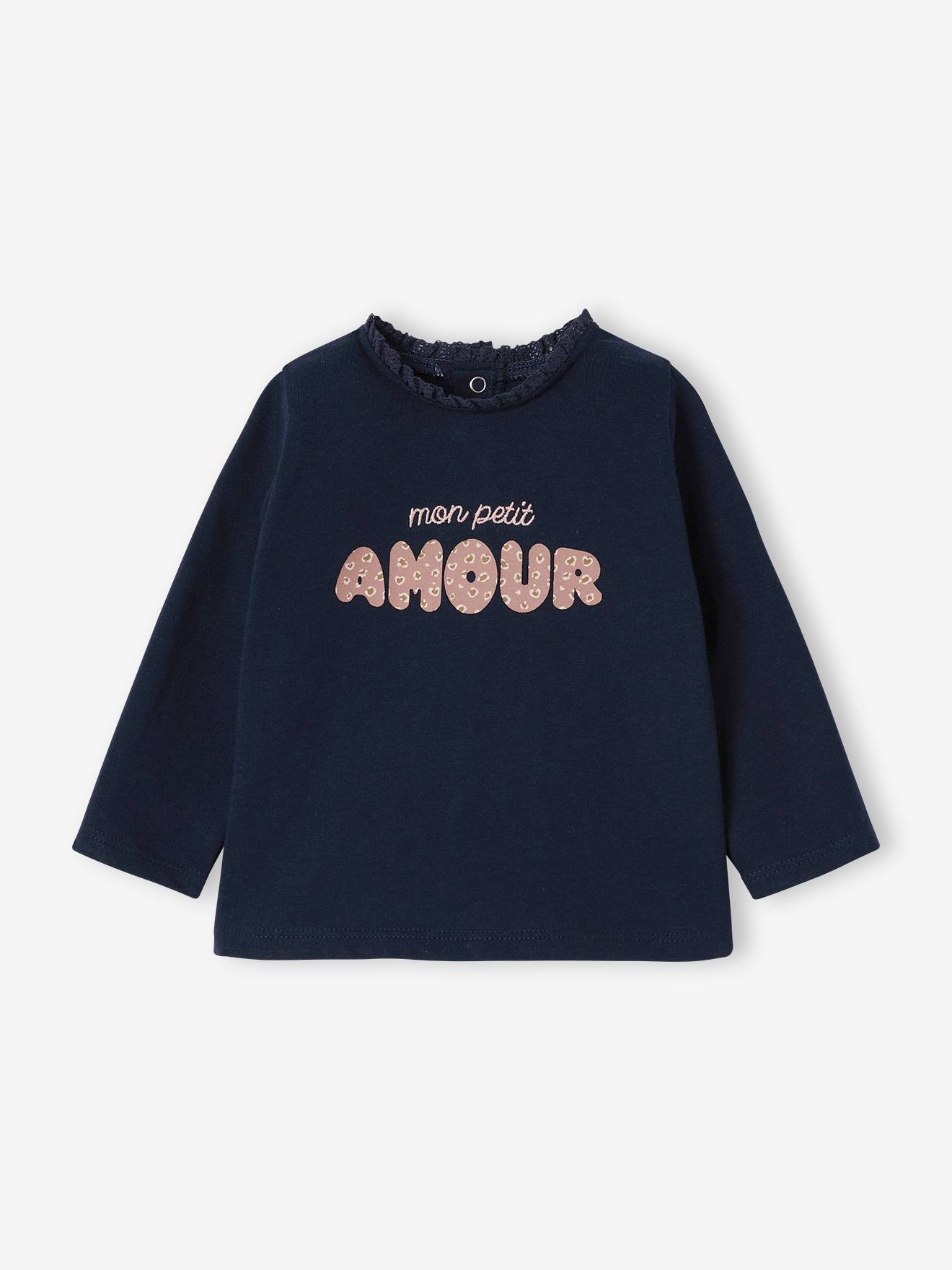 T-shirt bébé manches longues avec motif c½ur léopard marine