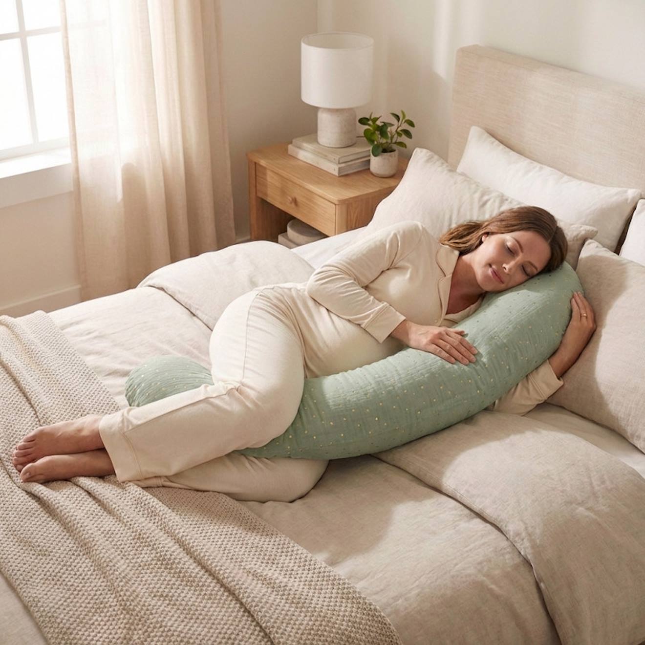 Coussin De Maternité 3 En 1 : Grossesse, Allaitement & Repos - Housse Double Gaze Coton Vert (babysom) - Image 1