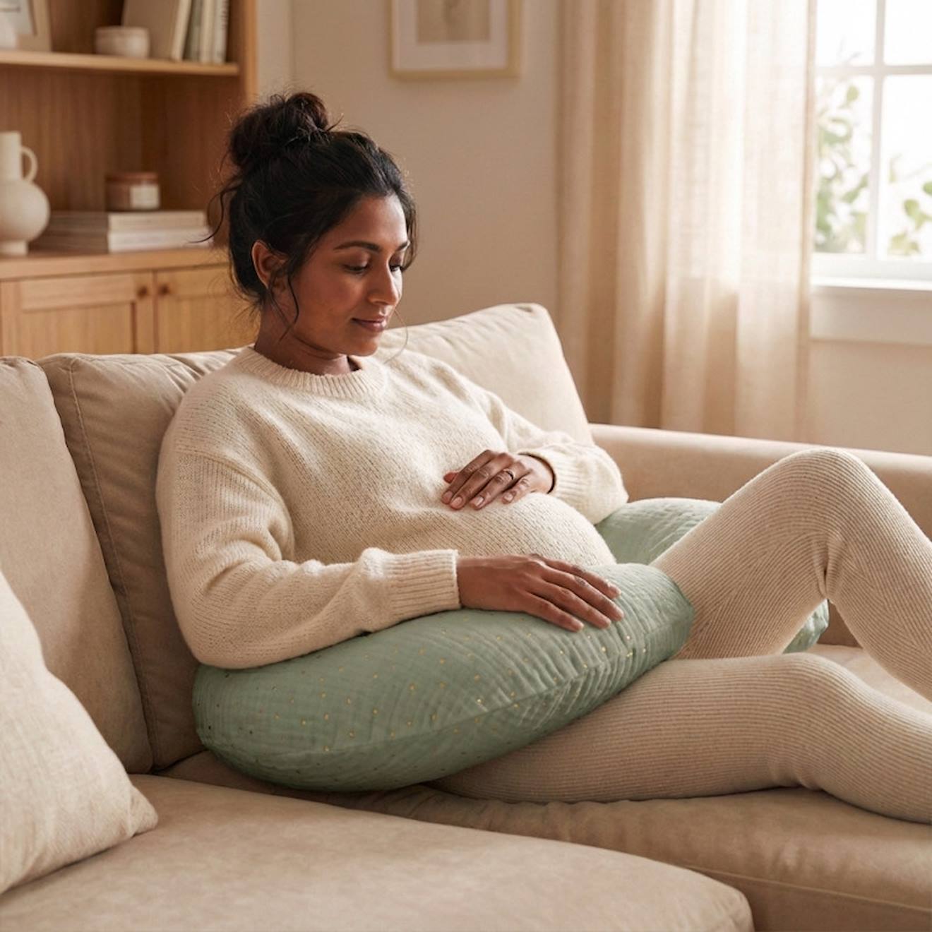 Coussin De Maternité 3 En 1 : Grossesse, Allaitement & Repos - Housse Double Gaze Coton Vert (babysom) - Image 2