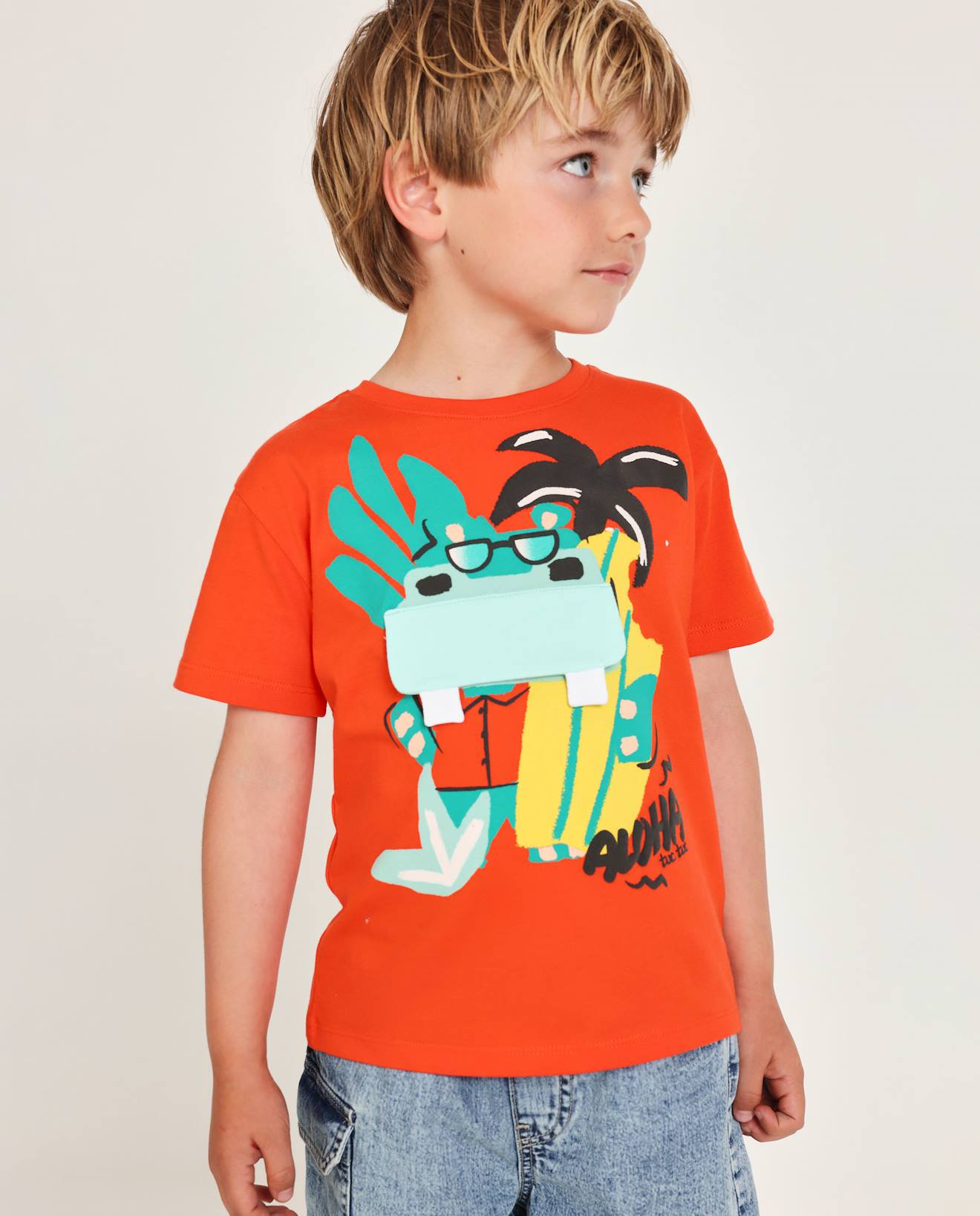 T-shirt Garçon En Maille Avec Poche Plaquée Rouge