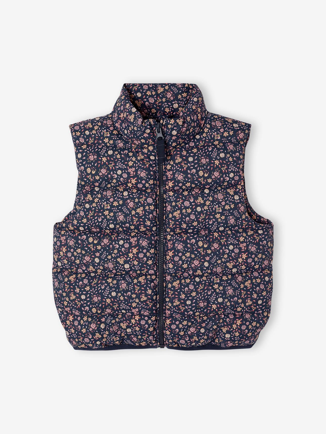 Doudoune fille sans manches motifs fleurs marine