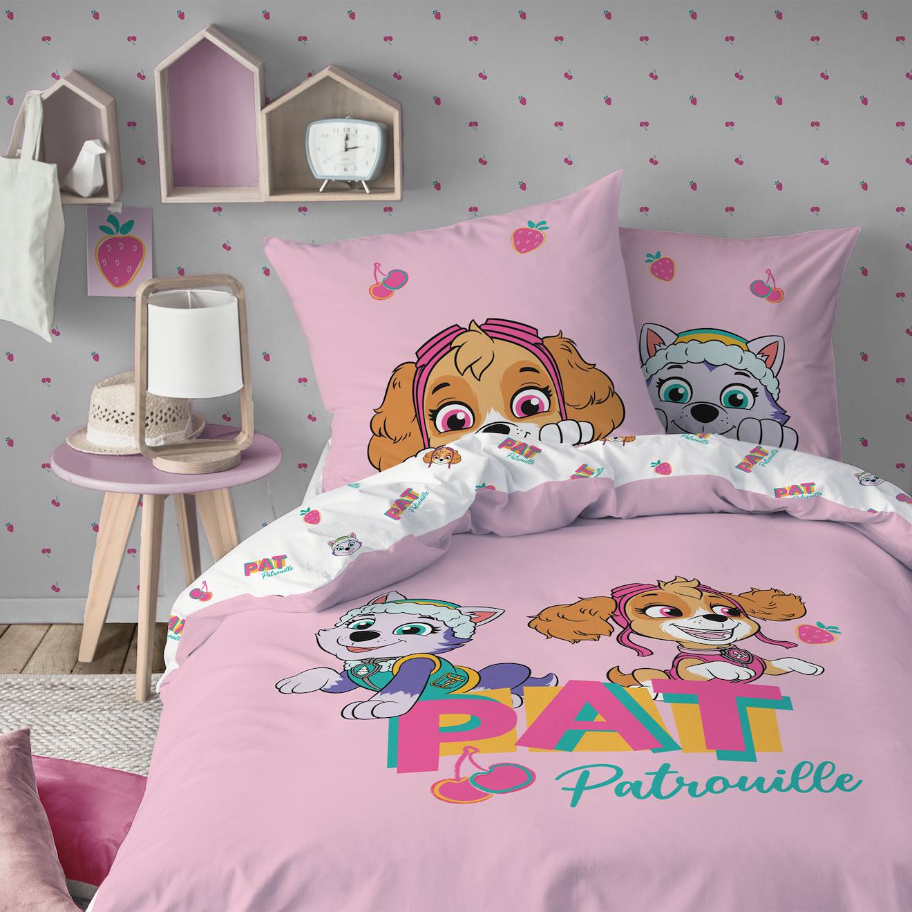 Parure De Lit Enfant 140x200, 100% Coton, Pat Patrouille Rose